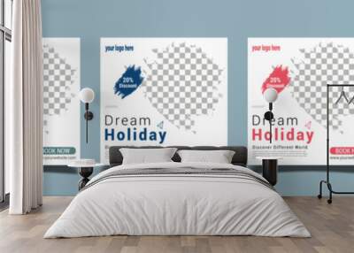 Holiday travel, traveling or summer beach traveling social media post or web banner template design. Tourism business marketing flyer or poster with abstract digital background, logo and icon. Wall mural