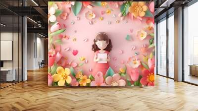 Delicate 3D Mother s Day Card with Young Girl Presenting Love Letter Amid Colorful Floral Arrangements on Pastel Pink Backdrop Wall mural