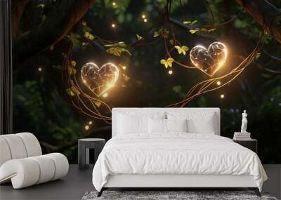 A pair of intertwined vines, adorned with glowing fireflies, forming a natural heart shape in a mystical forest at twilight. -Generative Ai Wall mural