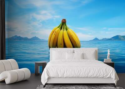 A surreal composition of a single blue java banana against a backdrop of azure water, emphasizing the tropical allure of this unique fruit -Generative Ai Wall mural