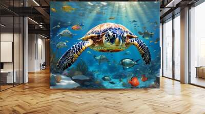 An enchanting portrayal of the ocean's depths, revealing a translucent underwater world with diverse marine life, including graceful sea turtles and schools of iridescent fish -Generative Ai Wall mural