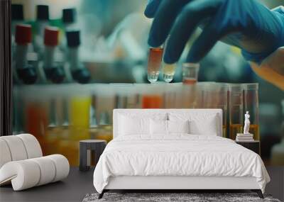 Scientists analyzing test tubes filled with samples of neurotransmitters, their research aimed at understanding the molecular mechanisms of synaptic transmission and neuropsychiatric disorders Wall mural