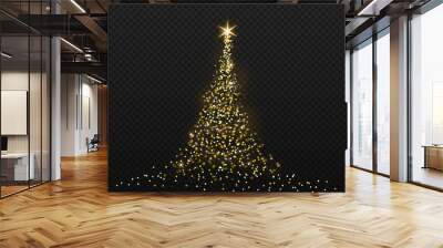 Christmas tree gold bokeh glitter particles isolate on png or transparent  background with sparkling  snow, star light  fo , New Year, Birthdays, Special event, luxury card,  rich style. Wall mural