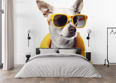 charismatic Dog wearing huge bright glasses, isolated on white Wall mural