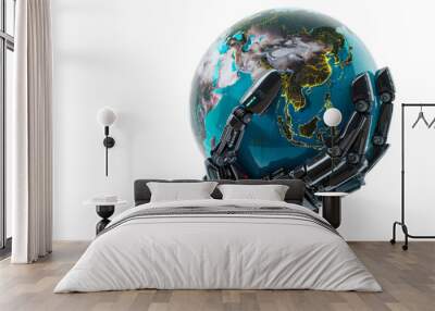 Earth globe supported by robotic arms, white background, environmental protection Wall mural