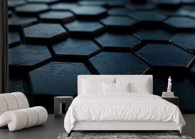 A close-up of a hexagonal pattern with a dark, metallic texture. Wall mural