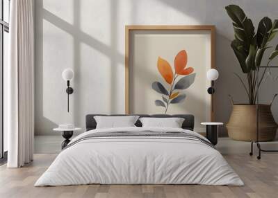 A framed abstract painting of a stylized plant with orange and blue leaves, hanging on a white wall in a sunlit room.  Wall mural