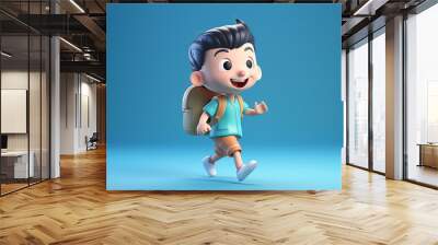 3D cartoon, little boy carrying a backpack to school. AI technology generated image Wall mural