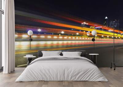 abstract image of blur motion of cars on the city road at night，Modern urban architecture in guangzhou, China Wall mural