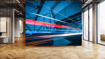 abstract image of blur motion of cars on the city road at night，Modern urban architecture in tianjing, China Wall mural