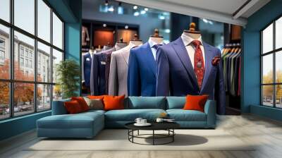 Business men's suit store indoor. AI technology generated image Wall mural