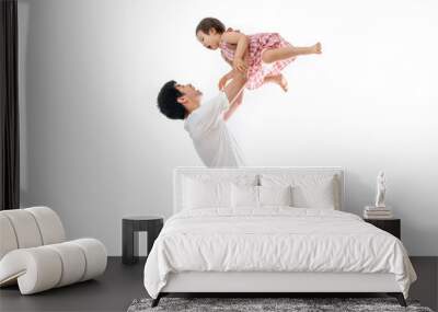 Father holding daughter flying on white background Wall mural