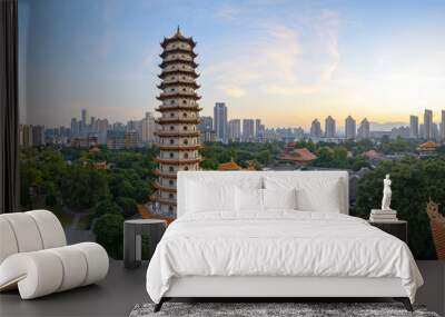 Temple Pagodas and Urban Scenery, Fuzhou, China Wall mural