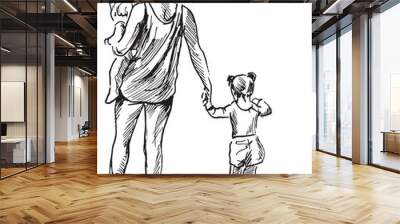 Hand drawn sketch of a mother with two children. Vector illustration. Wall mural