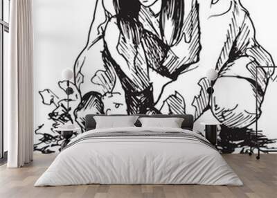 Hand drawn sketch of a woman working in the garden. Vector illustration. Wall mural