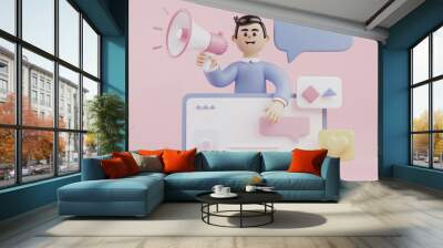 3D illustration of a man with a megaphone, standing near a laptop, promoting communication, with social media icons on a pastel background. Wall mural