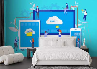 big data. cloud online data. storage system. flat cartoon miniature illustration vector graphic on w Wall mural