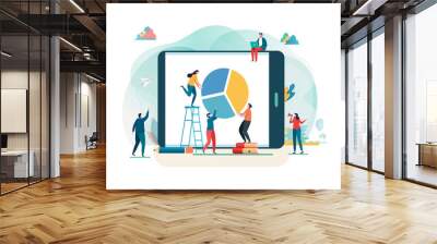 Business report. Financial management, Teamwork, Statistics, Pie chart. Create idea to success. Vector illustration. Flat cartoon character graphic design. Landing page template,banner,flyer,web page Wall mural