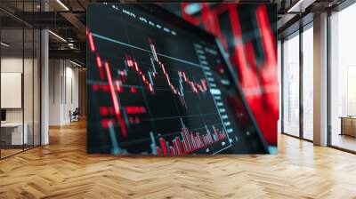 Close-up view of financial trading charts and data on multiple screens, showcasing market trends and stock analysis in red light setting. Wall mural