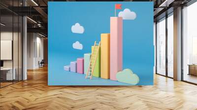 Colorful bar chart with ladder and flag, representing growth and success in business, set against a blue background with clouds. Wall mural