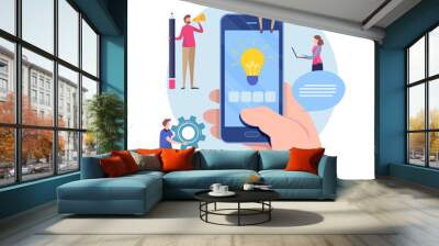 Developer create application. Mobile app development. Flat cartoon miniature  illustration vector graphic on white background. Wall mural