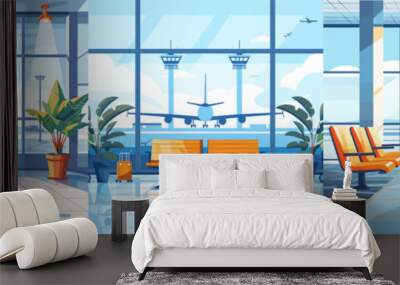 Airport empty interior cartoon vector scenes. Waiting departure arrival terminal interior, plane airline control tower window view, room plants air travel illustration isolated on white background Wall mural