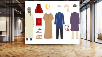 Arabic man clothes. National islamic fashion of male costumes wardrobe items muslim iranian and turkish sultan vector illustrations. Traditional clothing saudi and muslim for man character Wall mural