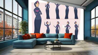 Arabic woman. Saudi muslim business girls in various characters ethnic east vector people. Muslim woman character, saudi cartoon business girl illustration Wall mural