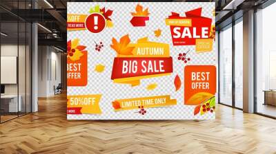 Autumn sale badges collection. Fall sales vector banners labels with red orange leaves isolated on transparent background. Illustration autumn sale badges with leaf and rowan Wall mural