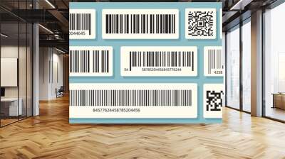 Barcode labels. QR identification, sale information. Barcodes stickers vector set. Bar identification strip, inventory retail barcode, label packaging illustration Wall mural