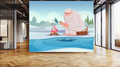 Bigfoot background. Cartoon fantasy landscape outdoor creature animal bigfoot exact vector character Wall mural