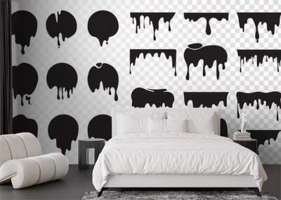 Black dripping ink. Isolated spots of paint, floating oil blots vector set. Blob paint, ink splatter black, stain and drip illustration Wall mural