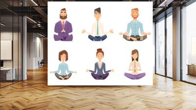 Businessman yoga. Man and woman relaxing meditation at workspace table vector concept cartoon illustration. Pose yoga, relax and meditation Wall mural