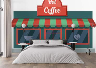 Cafe facade. Hot coffee building cartoon front Wall mural