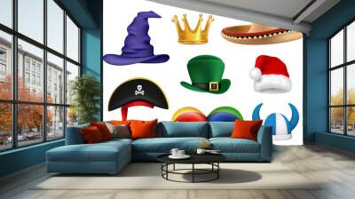 Carnival hats. Masquerade clothes fabric funny hats viking sombrero clown santa crown party celebration items vector realistic. Masquerade hat carnival, costume party illustration Wall mural