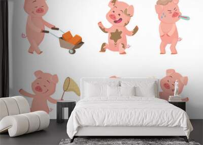 Cartoon funny pigs in action poses Wall mural