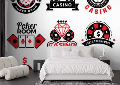 Casino badges. Gambling poker game chips dice images cards vector emblems set. Poker casino and gambling emblem illustration Wall mural