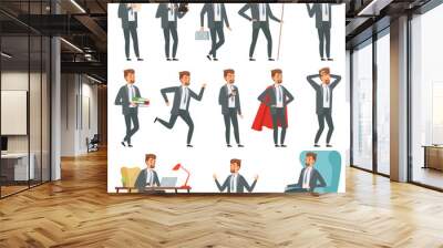 Characters of businessman. Set of businessman in various action poses. Business man worker, entrepreneur professional, vector illustration Wall mural