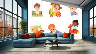 Children amusement park. Happy kids sitting and playing various attractions games smiling male female boys and girls vector characters. Illustration of boy and girl, amusement and entertainment Wall mural