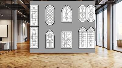 Church windows. Gothic architectural glasses with geometrical decoration medieval ornamental style catholic mosaic portal frames garish vector templates Wall mural