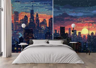 Cityscape pixel art vector concepts. 8 bit megacity skyscrapers sky clouds sunset sun modern architecture buildings, arcade video games assets illustrations Wall mural