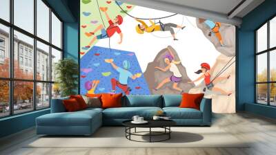 Climb characters. Extreme sport cliff wall rocks and stones big rocky hills and mountains explore vector sportsmen male and female. Illustration of sport climbing, rock mountain climb Wall mural