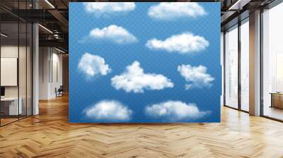 Cloudy sky realistic. Beautiful white clouds condensation collection vector weather elements. Illustration of cloudy meteorology, cumulus cloudscape Wall mural