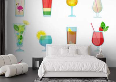 Cocktails collection. Alcoholic summer drinks liquid food in glasses mojito vodka sambuca martini vector set. Martini and mojito cocktail, liquid alcohol illustration Wall mural