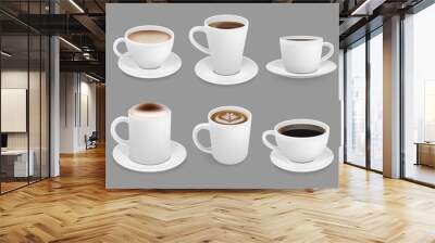 Coffee cup collection. Hot drinks with foam and steam smelling beverage top view cup with liquids coffee espresso and cappuccino vector. Coffee and cappuccino, espresso hot drink illustration Wall mural