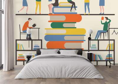 Concept picture with mascots male and female which reading books in library Wall mural