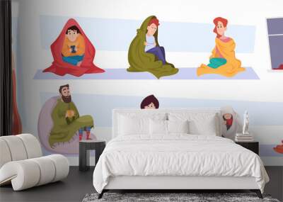 Covered people. Characters sitting relaxing or scaried under blanket sick people exact vector pictures set Wall mural