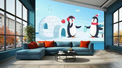 Cute penguins in love. Christmas winter animals. Cartoon penguins on ice in ocean with fish vector illustration. Fish and penguin, happy animals on iceberg Wall mural