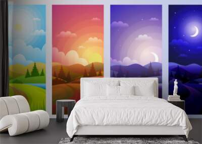 Day parts. Landscape in night morning noon sunset background recent vector cartoon template Wall mural