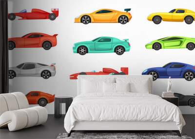 Different sport cars isolated on white. Vector illustrations of racers on road Wall mural